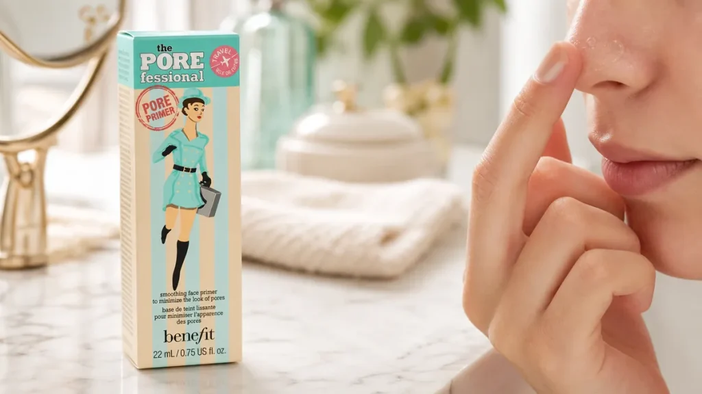 پرایمر بنفیت The POREfessional ۲۲ میلی‌لیتر در حال استفاده در روتین آرایش
