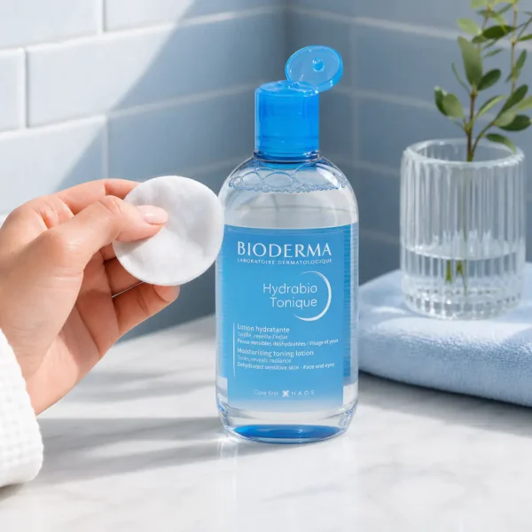 استفاده از تونر آبرسان Hydrabio بایودرما با پد پنبه‌ای