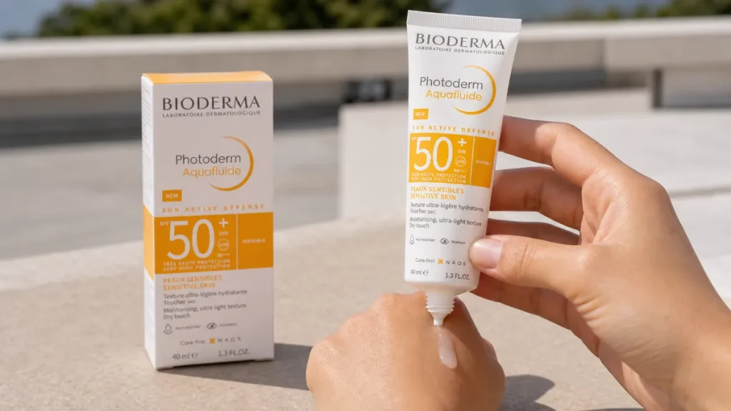 فلوئید ضد آفتاب فتودرم آکوافلوئید بایودرما SPF 50+ در حال استفاده
