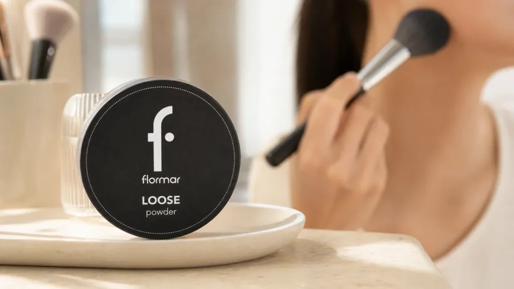 پودر فیکس فلورمار Loose Powder در حال استفاده با براش آرایشی
