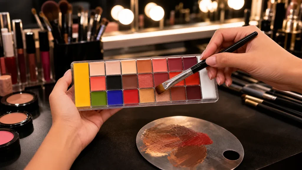 پالت رنگدانه جادویی My Makeup Story در حال ترکیب رنگ در محیط آرایش
