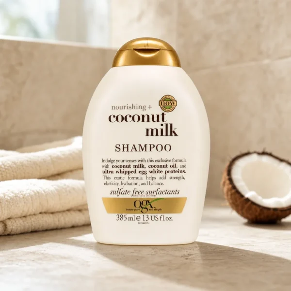 شامپو OGX Coconut Milk حجم ۳۸۵ میلی‌لیتر در محیط حمام