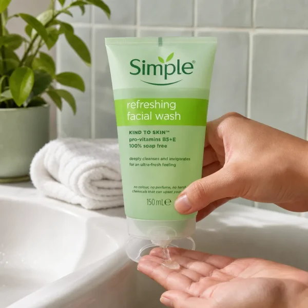 ژل شستشوی صورت پوست حساس سیمپل Refreshing Facial Wash در حال استفاده کنار سینک