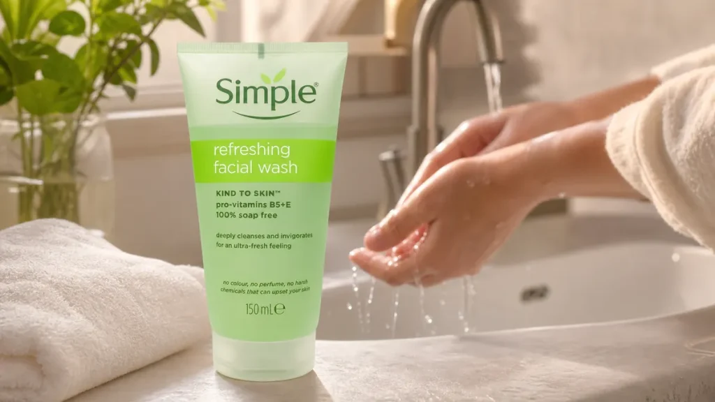 ژل شستشوی صورت پوست حساس سیمپل Refreshing Facial Wash در محیط حمام و روتین پاک‌سازی