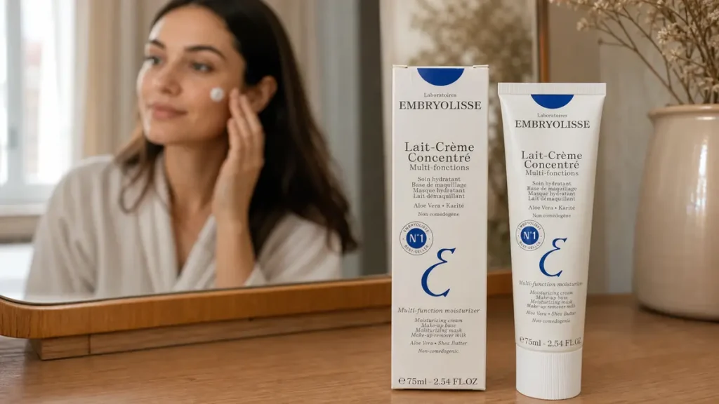 کرم امبریولیس Lait-Crème Concentré ۷۵ میل در میز آرایش و هنگام استفاده