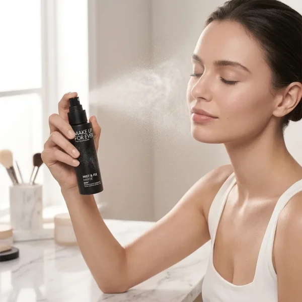 استفاده از اسپری فیکس مات MAKE UP FOR EVER روی آرایش مدل