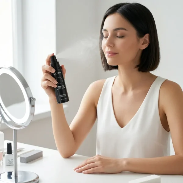 استفاده از اسپری فیکس مات MOIRA Timeless روی آرایش مدل